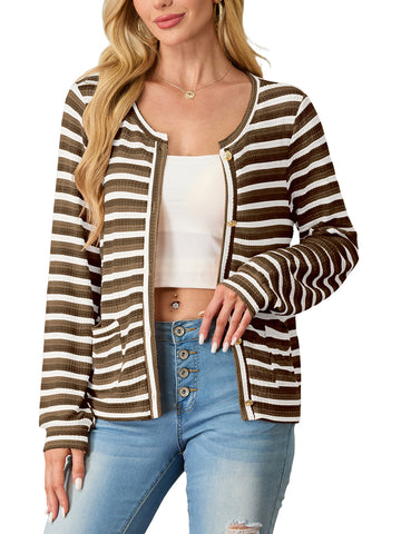 Women's cardigan long sleeved button knit stripe with pocket